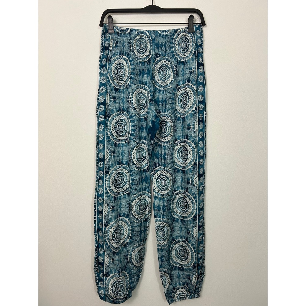Lotus and Luna Teal Mandala Harem Pants Womens Medium Boho Smocked Rayon Thai - Picture 2 of 9